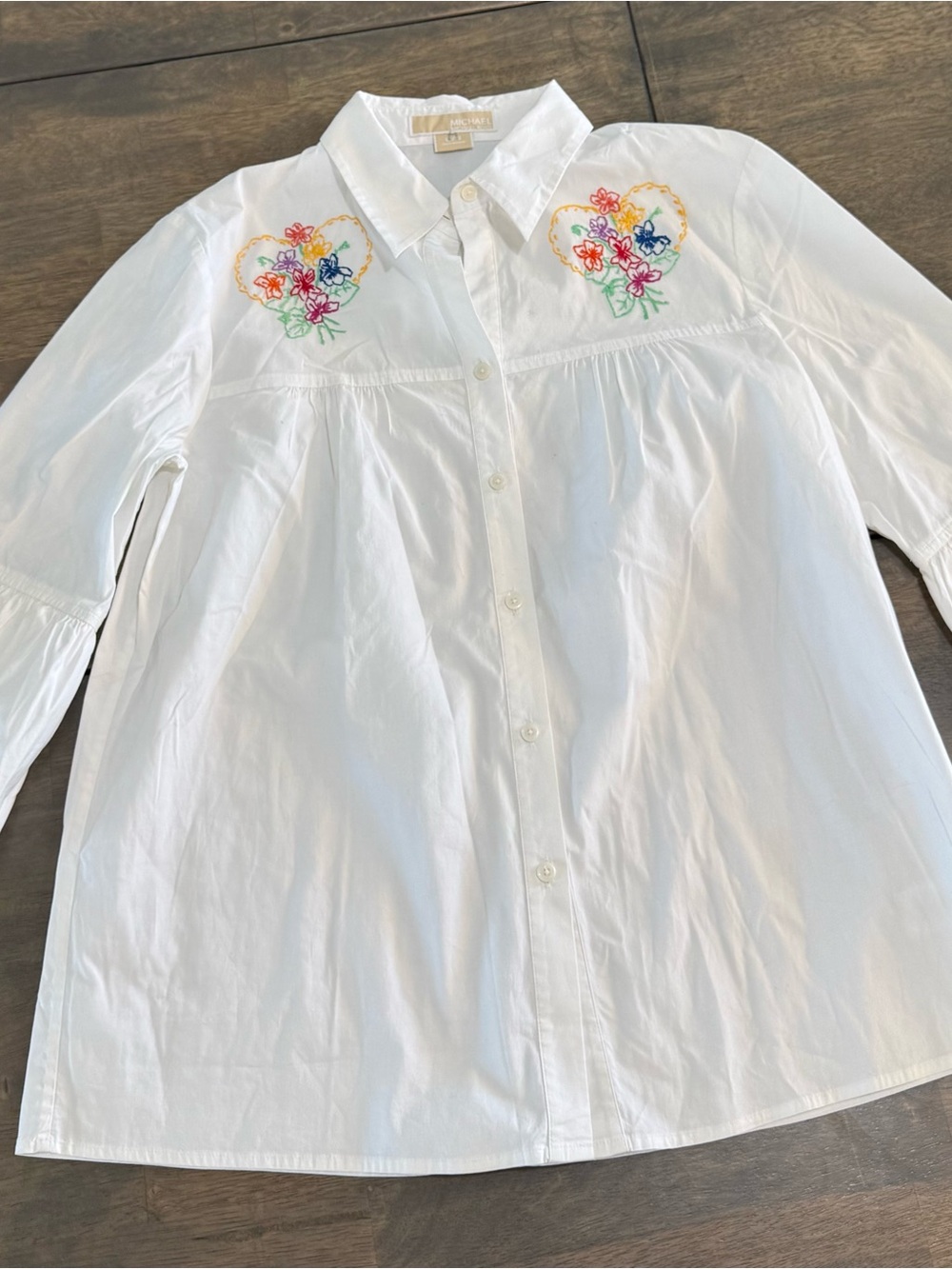 L Michael Kors White Button-Front Blouse Ruffle Sleeves Embroidered Large Top Ha